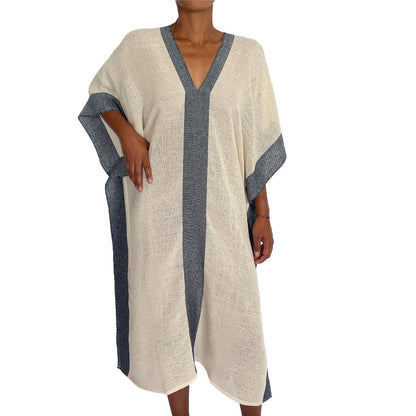 Kaftan Longo Fechado Cru com Azul Marinho