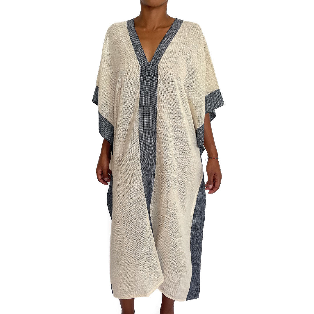 Kaftan Longo Fechado Cru com Azul Marinho